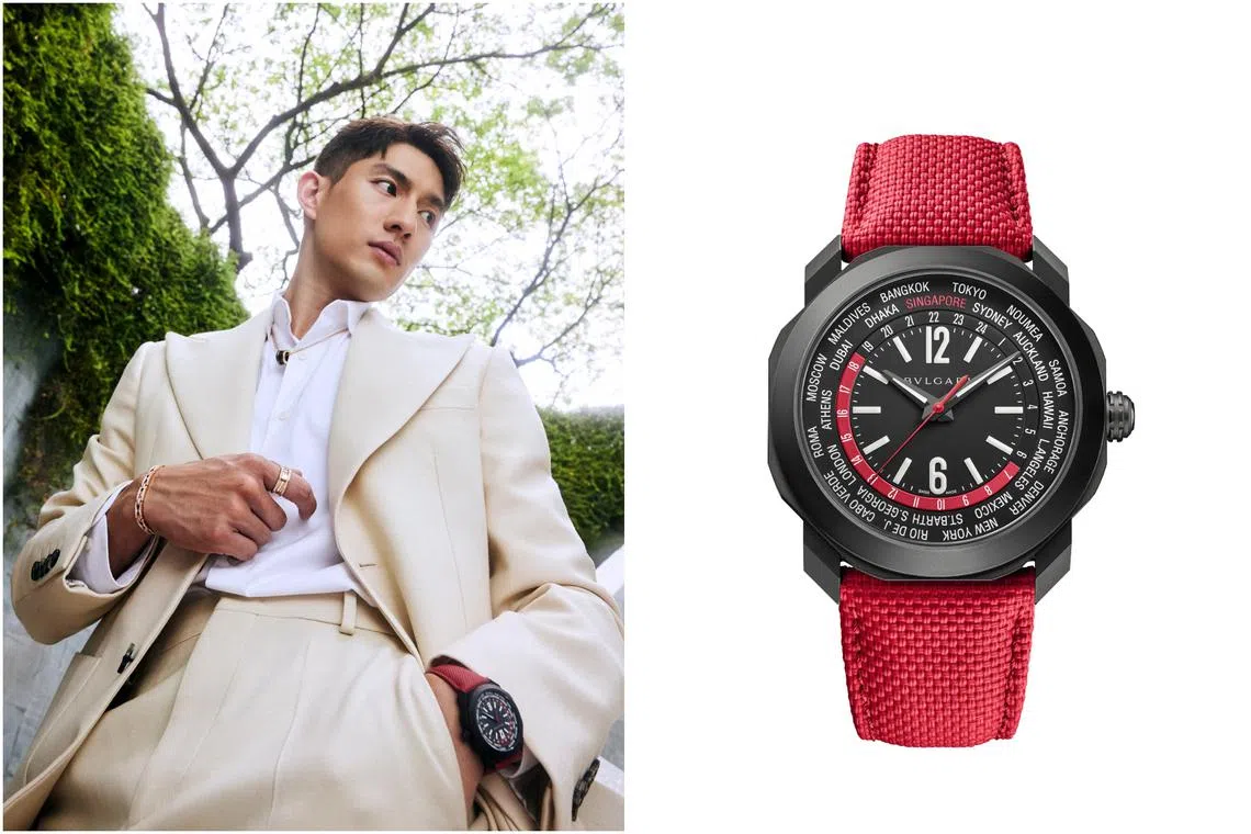 BVLGARI watch campaign showing a man in a cream suit wearing a black watch with a red strap, beside a detailed view of the watch